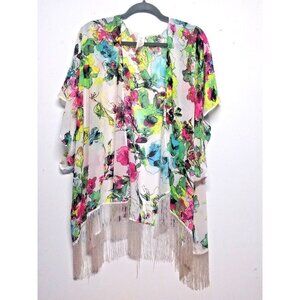 Womens multicolor duster topper Floral Fringe Kimono Boho Open Sz L EUC
